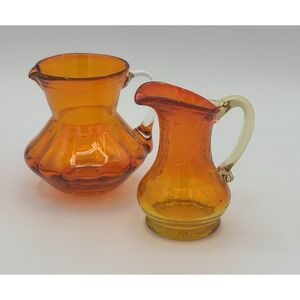 Vintage Amberina Blown Glass Mini Pitcher Lot ‎ Art Glass Crackle & Fluted 2 pc